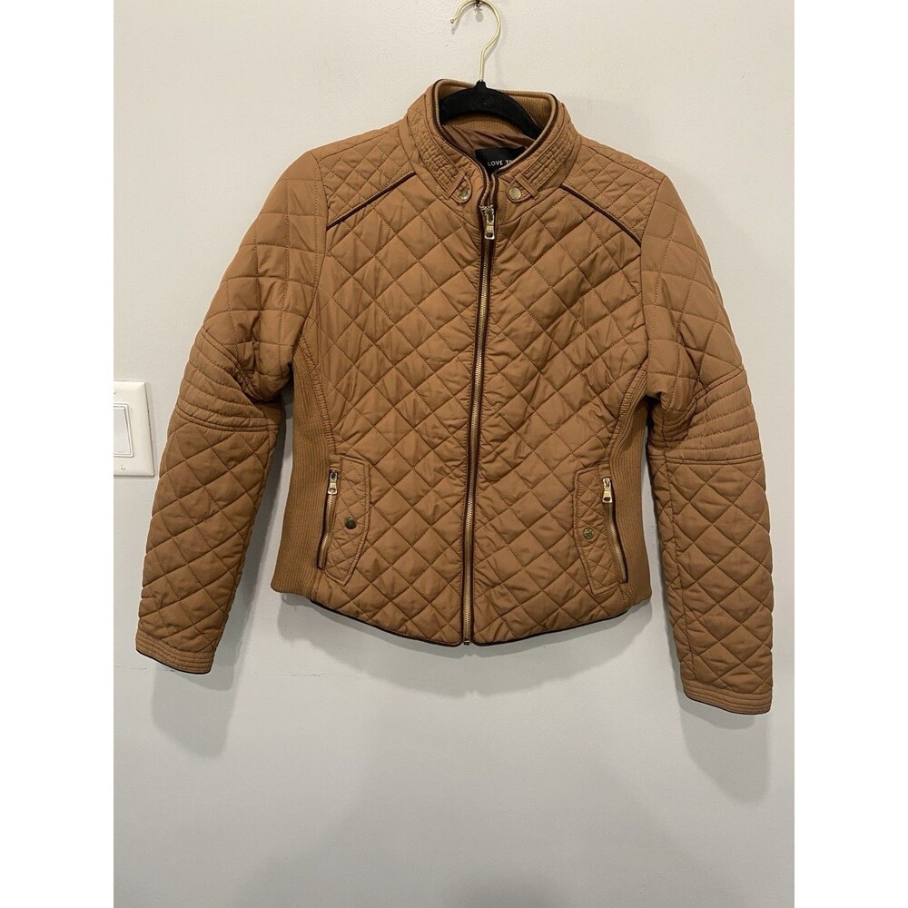 Love Tree Brown Puffer Jacket Coat Quilted Size M Full Zip Pockets Lightweight